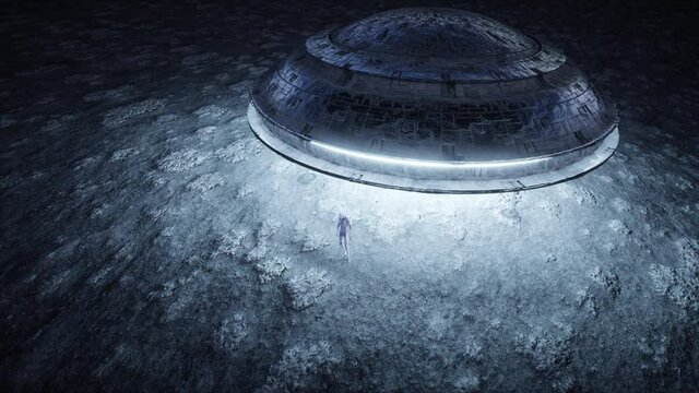 Flying saucer with alien on moon. UFO concept. Realistic metal shaders. 4K animation.