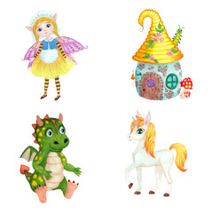 Set of cartoon characters. Fairy, unicorn, dragon and a small house. Isolated on a white background. Children's hand-drawn watercolor illustration.