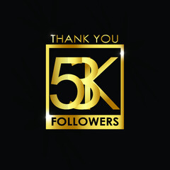 53K,53.000 Followers thank you logotype with golden Square and Spark light white color isolated on black background for social media, internet, website - Vector