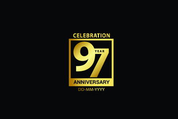 97 years anniversary celebration logotype. anniversary logo with golden and Spark light white color isolated on black background, vector design for celebration, invitation and greeting card-Vector