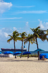Beach and Palm trees with freighter leaving port