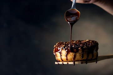 hand decorating doughnut with melted chocolate