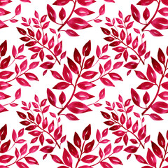 Fototapeta na wymiar Seamless pattern watercolor hand-drawn red branch with leaves on white background. Art creative nature abstract floral for card, wallpaper, textile, wrapping, florist