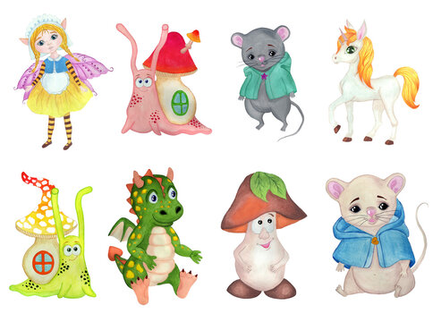 Set of cartoon animals characters. Mice, snails, fairy, unicorn, dragon and mushroom. Isolated on a white background. Children's hand-drawn watercolor illustration.