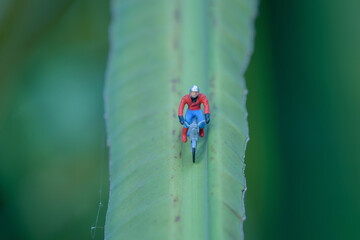 Miniature figures rider  motor cycle in tropical garden 
