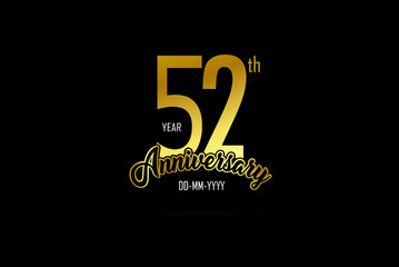 52 year anniversary celebration logotype. anniversary logo with golden color isolated on black background - Vector