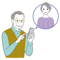 An old man using mobile phone calling his wife