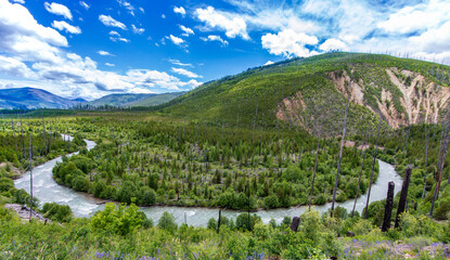 Panorama of the Clark Fork river running through hills and mountains