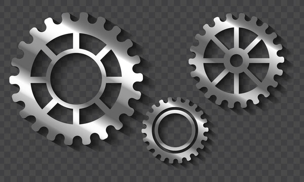 Volumetric gears set vector isolated on transparent background.