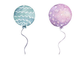 Blue and pink watercolor balloons hand drawn illustration, for cards or invitations