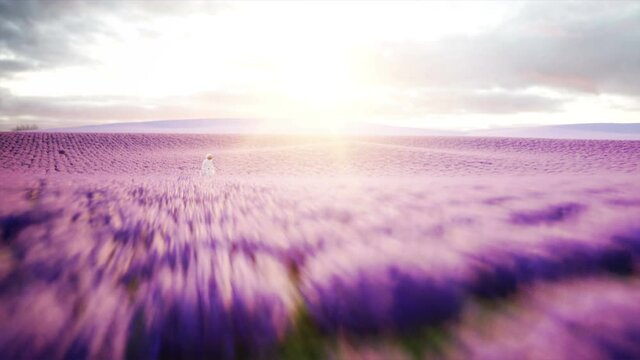 Astronaut with butterflies in lavender field. concept of future. broadcast. Realistic 4k animation.