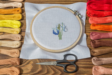 Embroidery prosees on the table with coloful threads