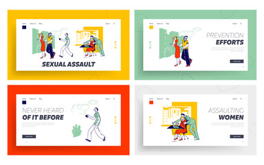 Obraz na płótnie Canvas Sexual Assault Landing Page Template Set. Male Character Company Boss Put Hand on Woman Shoulder at Workplace. Teenager Record Harassment Video Touch Girl Buttocks. Linear People Vector Illustration