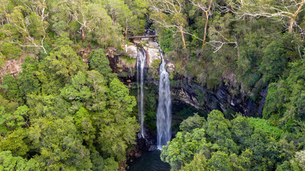 Naklejka na ściany i meble Aerial view over Twin Falls, located in Springbrook National Park, Gold Coast hinterland