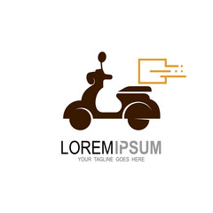 logo shipping service using a motorcycle, delivery express logo + delivery icon, scooter icon + on time delivery