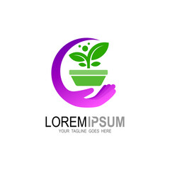 tree logo and hand design vector, Leaf care logo template