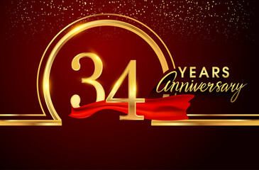 34th anniversary logo with confetti and golden ring, red ribbon isolated on red background, vector design for greeting card and invitation card.