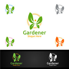 Herb Gardener Logo with Green Garden Environment or Botanical Agriculture Design Illustration