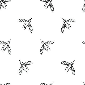 Seamless background with insects. Contour doodle drawing of a mosquito. Vector image.