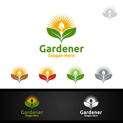 Rise Gardener Logo with Green Garden Environment or Botanical Agriculture Design Illustration