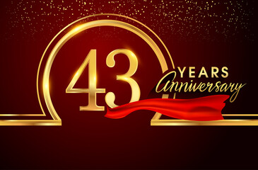 43rd anniversary logo with confetti and golden ring, red ribbon isolated on red background, vector design for greeting card and invitation card.