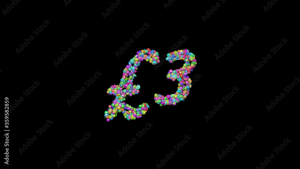 Poster £: 3d illustration of the text made of small objects over a black background with shadows