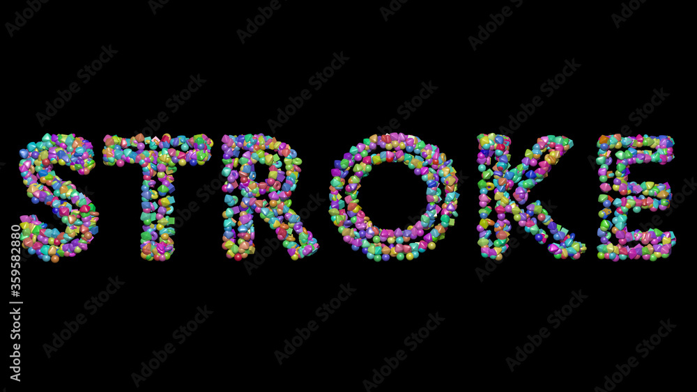 Poster stroke written in 3d illustration by colorful small objects casting shadow on a black background