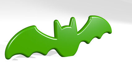 BAT on the wall. 3D illustration of metallic sculpture over a white background with mild texture. happy and card