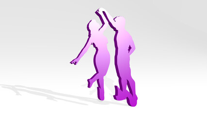 BOY AND GIRL DANCING from a perspective on the wall. A thick sculpture made of metallic materials of 3D rendering. happy and cheerful