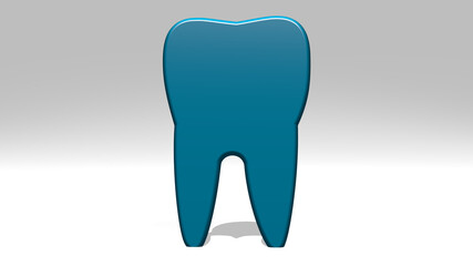 dental tooth on the wall. 3D illustration of metallic sculpture over a white background with mild texture. dentistry and design