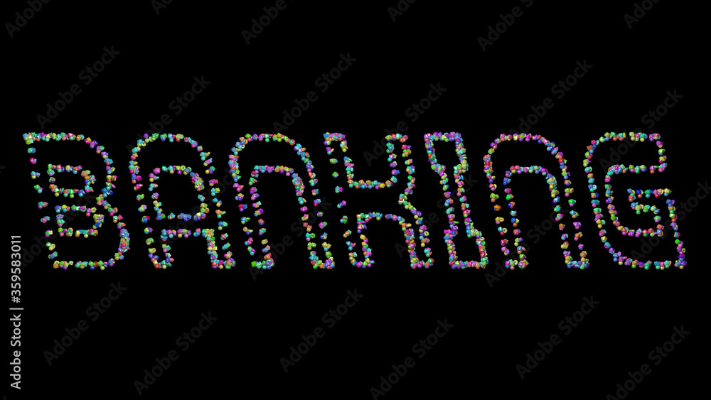 Poster banking: 3d illustration of the text made of small objects over a black background with shadows