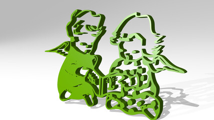 toddlers reading book from a perspective on the wall. A thick sculpture made of metallic materials of 3D rendering. cover and adorable