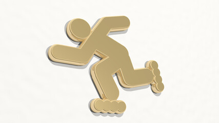 MAN WITH ROLLER SKATE made by 3D illustration of a shiny metallic sculpture on a wall with light background. brush and amusement