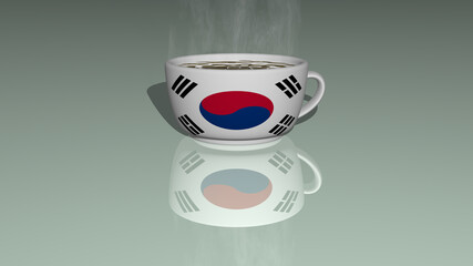 3D illustration of South Korea placed on a cup of hot coffee with a realistic perspective and shadows mirrored on the floor