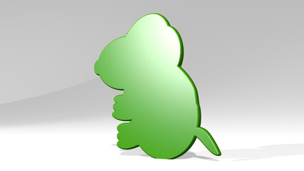 PUPPY made by 3D illustration of a shiny metallic sculpture on a wall with light background. white and dog