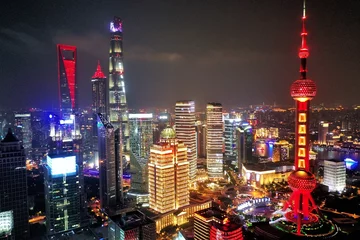 Deurstickers SHANGHAI 上海 夜景 空撮 © 広樹 菱沼