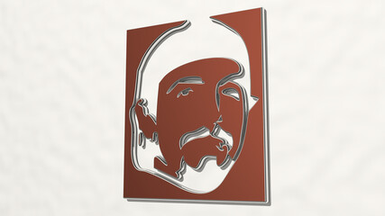 NEGATIVE PORTRAIT OF MAN WITH BEARD made by 3D illustration of a shiny metallic sculpture on a wall with light background. bearded and design