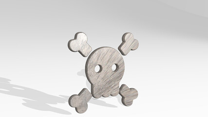 skull from a perspective on the wall. A thick sculpture made of metallic materials of 3D rendering. halloween and cartoon