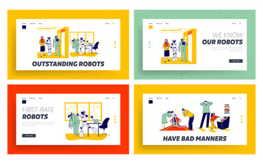 Human Characters Vs Robots, Spoiled Child Landing Page Template Set. Cyborg Kicking Employee Out of Office. Job Seekers Wait in Hall for Interview. Kids and Parents. Linear People Vector Illustration