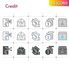credit icon set. included online shop, mortgage, shop, money, voucher icons on white background. linear, bicolor, filled styles.
