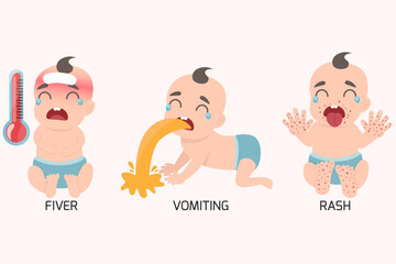 HFMD children infected. Hand-foot-mouth disease Infographics with symptoms. cartoon health concept vector illustration.
