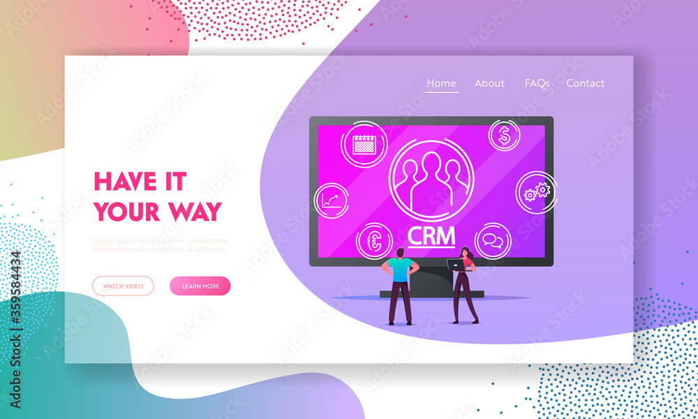 Poster crm system, customer relationship management landing page template. business development, tiny chara