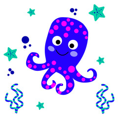 Caricature of an Ocean Octopus. Vector baby drawing. Cute illustration with a sea animal. Funny comic creature.