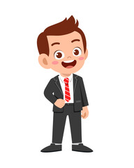happy cute kid boy wear suit blazer tuxedo