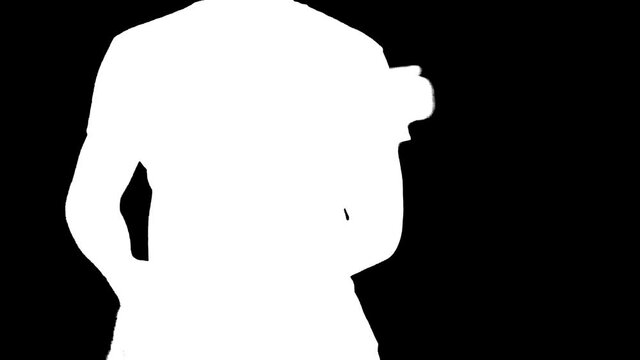 White silhouette of young guy playing electric guitar on black background.