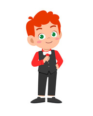 happy cute kid boy wear suit blazer tuxedo