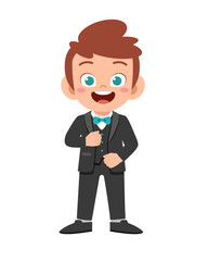 happy cute kid boy wear suit blazer tuxedo