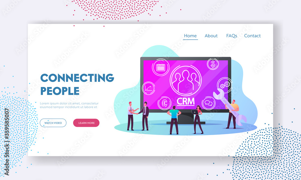 Poster crm system, customer relationship management landing page template. tiny characters analysing client