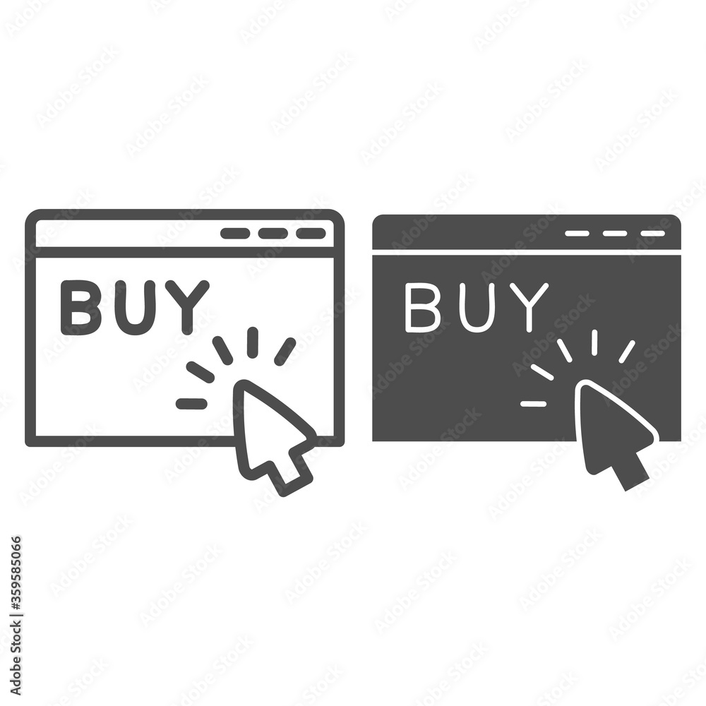 Poster web page and buy text line and solid icon, market concept, online store sign on white background, on
