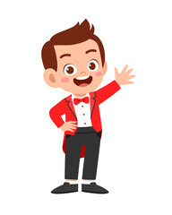 happy cute kid boy wear suit blazer tuxedo